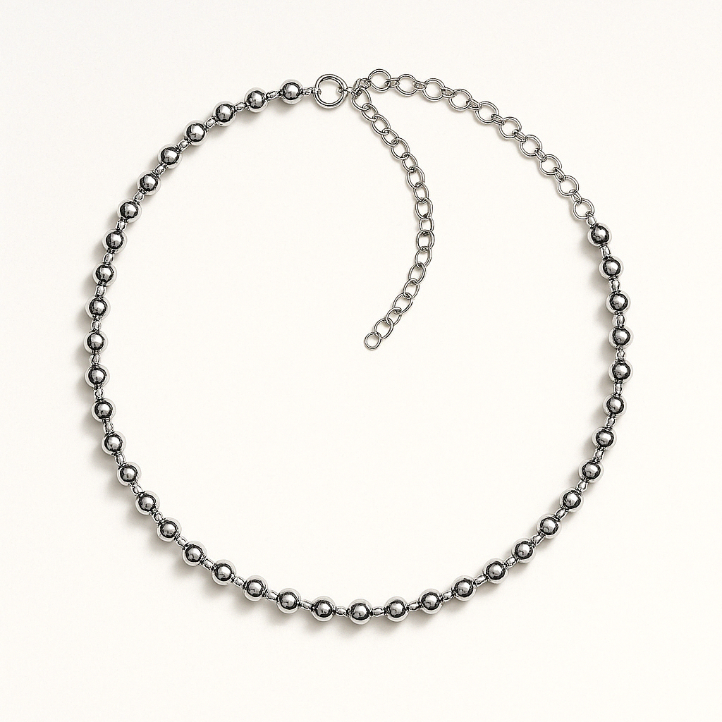 Polished Silver Bead Necklace with Adjustable Chain
