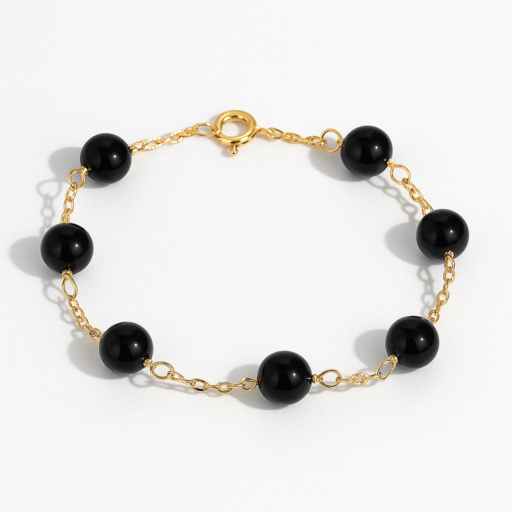 Black Agate Beaded Bracelet With 18K Plated Chain