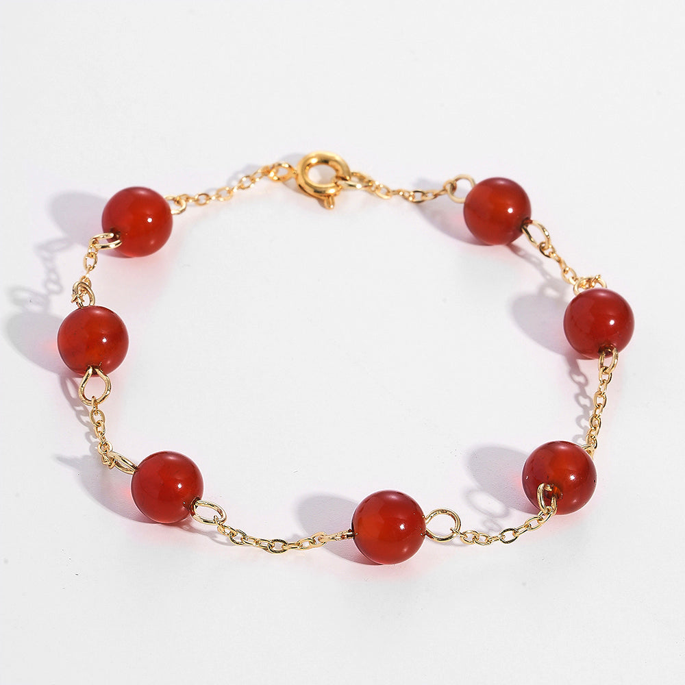 Red Agate Beaded Bracelet With 18K Plated Chain