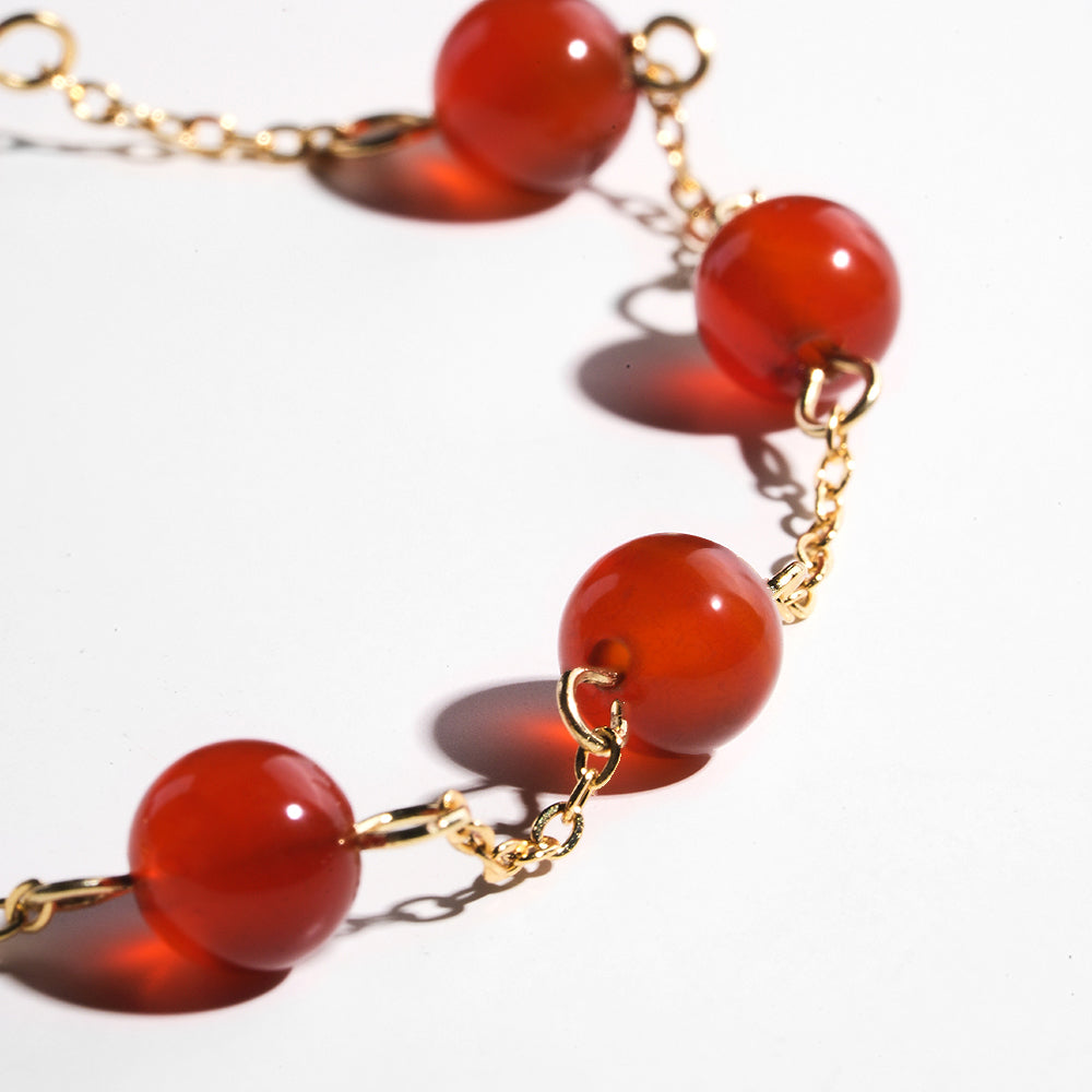 Red Agate Beaded Bracelet With 18K Plated Chain